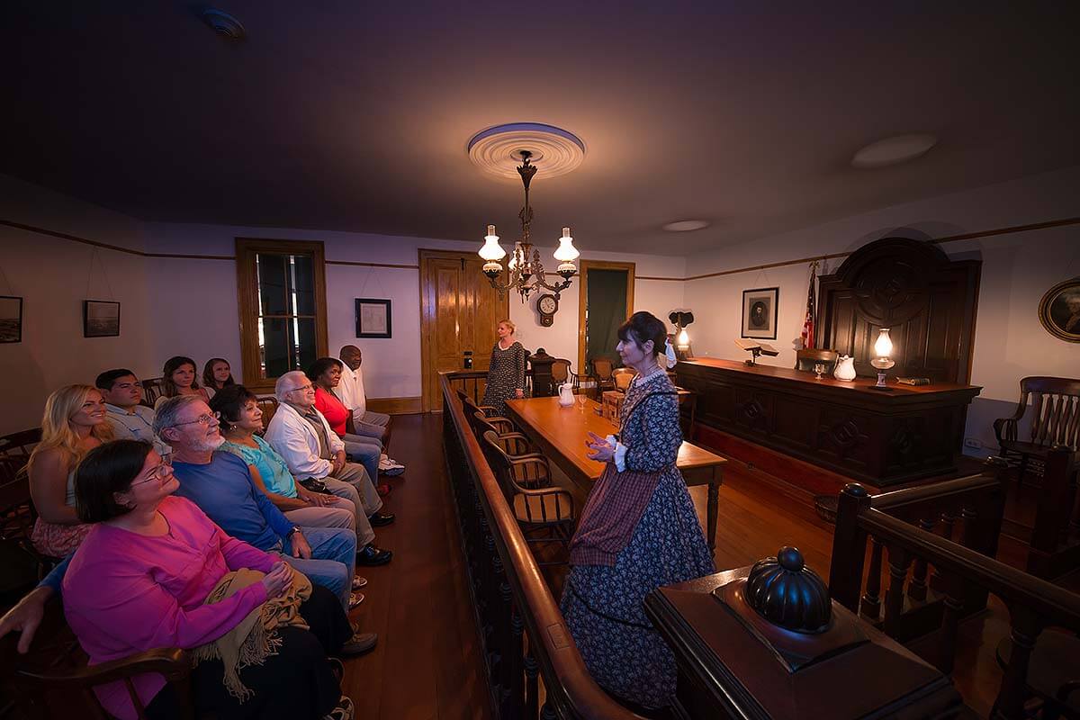 Guests experiencing the Whaley House court house.